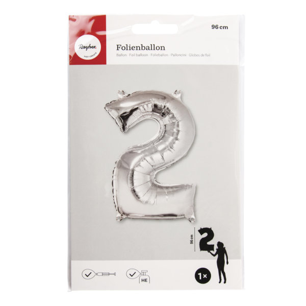 Folienballon Zahl 2, 96cm, SB-Btl 1Stck, silber