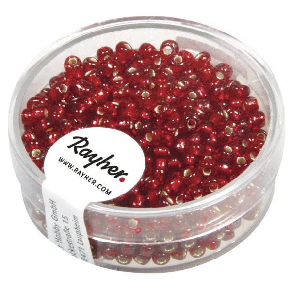 Rocailles, 2,6 mm ø, mit Silbereinzug, Dose 16g, rot