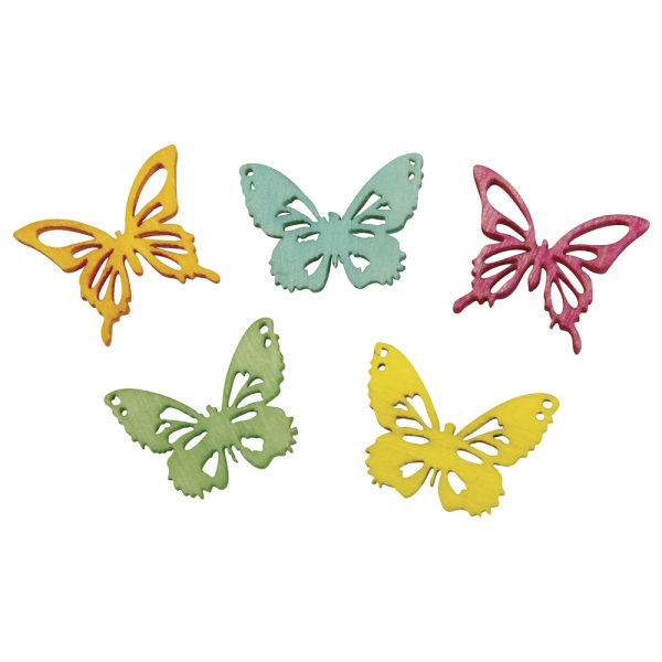 Holz Streuteile Schmetterlinge 5 Farben, 2cm, gelasert, 2 Sorten, SB-Btl 25Stück