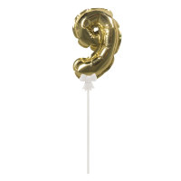 Folienballon Topper Zahl 9, gold, Ballon 13cm +Stecker 19cm, SB-Btl 1Stück