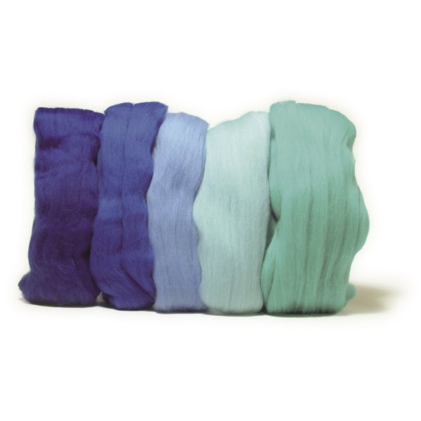 Merino-Kammzug, superfein, 18 mic, 5x10g sortiert, SB-Btl 50g, Blau-Töne