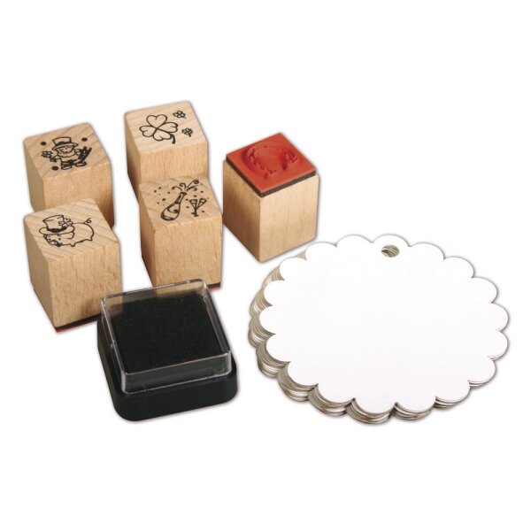 Mini Holz Stempelset New Year, 5 St.2x2x2,5cm+Zubehör/DS
