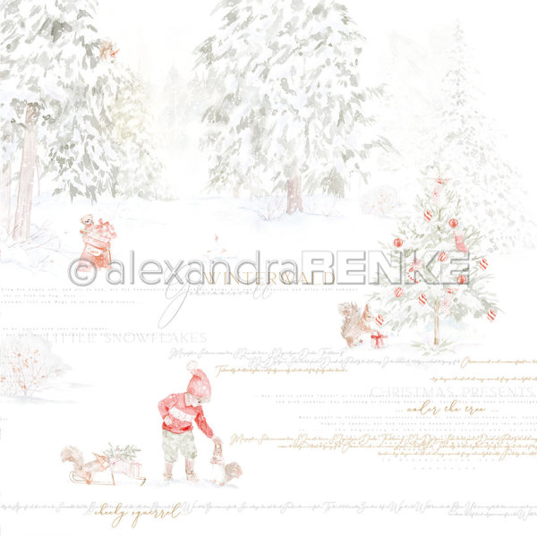 Designpapier Eichhörnchen und Junge im Weihnachtswald