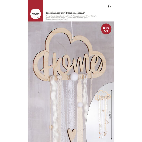 Bastelpackung: Holzhänger mit Bänder Home, Holzhänger: 22x12,5cm, SB-Btl 1Set, creme