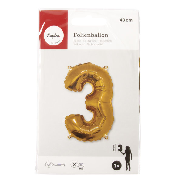 Folienballon Zahl 3, 40cm, SB-Btl 1Stck, gold