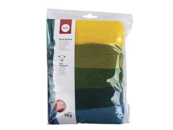 Merino-Kammzug, superfein, 18 mic, 5x10g sortiert, SB-Btl 50g, Grün-Töne