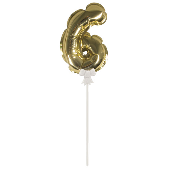 Folienballon Topper Zahl 6, gold, Ballon 13cm +Stecker 19cm, SB-Btl 1Stück