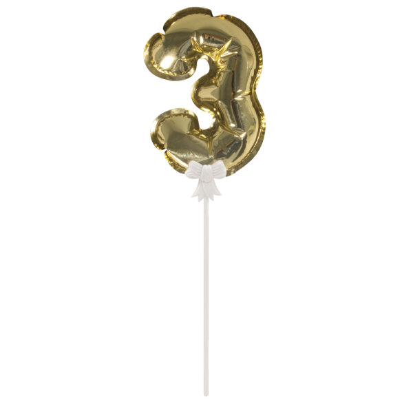 Folienballon Topper Zahl 3, gold, Ballon 13cm +Stecker 19cm, SB-Btl 1Stück